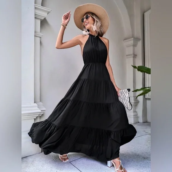 Solid Tie Backless Ruffle Hem Halter Dress - Picture 6 of 13